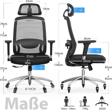 Ергономічне офісне крісло mfavour з гумовими колесами, 4D підлокітниками, регульованим підголівником та поперековою опорою, дихаюче сітчасте робоче крісло, металева основа, вантажопідйомність до 150 кг, чорний колір, 70 Г x 66 Ш x 134 В