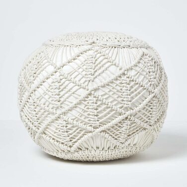 Пуф Homescapes Crochet Pouf, натуральний, кругла підлогова подушка 35 x 40 см у стилі бохо, декоративна підставка для ніг у стилі макраме, в&39язаний гачком пуф зі 100 бавовни, в&39язаний гачком пуф/в&39язаний табурет 35 x 40 см натуральний
