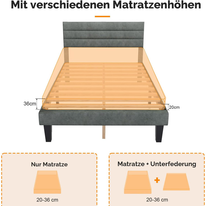 Ліжко Bonnlo з м&39якою оббивкою 140x200 см з регульованим узголів&39ям, ліжко 140x200 з дерев&39яною рейковою основою, оксамит (без матраца) 140x200 см світло-сірий