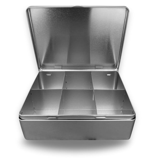 Чайний пакетик на 6 секцій - Плоска коробка для чайних пакетиків з кришкою відкидною - Порожня з 6 відділеннями - Зберігання чаю, чайна ємність, коробка для чайних пакетиків - Розміри (Д x Ш x В) 20,3 x 15,7 x 6,8 см