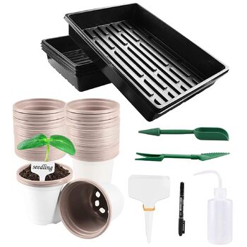 Горщики для розсади 9 см з лотком для розсади (без отворів) 4 лотки для посадки з 50 горщиками для розсади, для підвіконь та теплиць, для пророщування рослин, мікрозелені, гідропонного вирощування, 50 шт. білого пластику 9 см та лоток