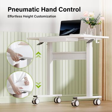 Комп&39ютерний стіл з пневматичним регулюванням висоти (88x50 см), стіл для ноутбука з колесами та шухлядою, стіл над ліжком, стіл для роботи сидячи та стоячи для офісу, вітальні, спальні, невеликих приміщень, білий