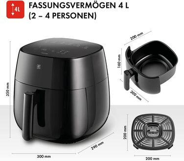 Аерофритюрниця ZWILLING / Фритюрниця з гарячим повітрям, 4 л, 6 програм, 1 400 Вт, смаження у фритюрі, приготування та випічка без жиру, включаючи книгу рецептів, чорна