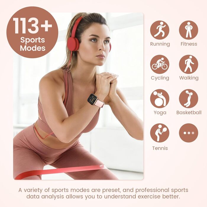 Подарункова коробкаЖіночий смарт-годинник із функцією телефону, 1,83-дюймовий HD-наручний годинник, пульсометр, монітор сну, менструальний цикл, SpO2, смарт-годинник IP68 із 113 спортивними режимами, крокомір для iOS та Android, рожеве золото