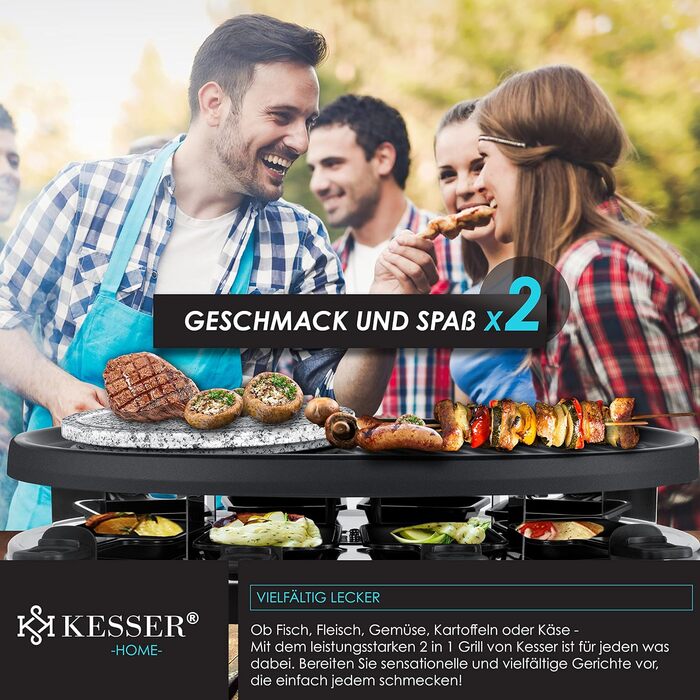 Раклет-гриль KESSER 3в1 з натуральним каменем гриль, гриль-тарілка і фондю, настільний гриль на 8 осіб, електрогриль, раклетний гриль, гриль, антипригарна тарілка, 8 сковорідок і дерев'яна лопатка, в т.ч. фондю