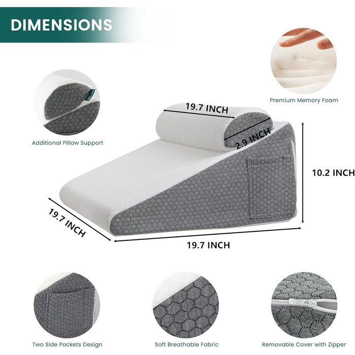 Клиноподібна подушка з додатковим валиком для шиї, клиноподібна подушка для лікування апное сну, полегшення кислотного рефлюксу, болю в спині, похила подушка для дорослих зі знімним темно-сірим валиком, 50 x 50 x 26 см з валиком для шиї