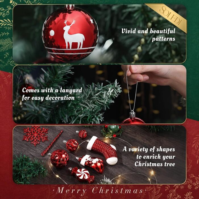 Набір із 128 предметів високоякісних червоно-білих пластикових різдвяних кульок із зірочкою-верхівкою SOLEDI