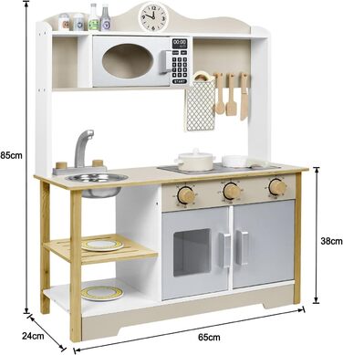 Дерев'яна іграшкова кухня Aufun, дерев'яна кухня з кухонним приладдям, включаючи 14 іграшкових аксесуарів для їжі та посуду, іграшка для дітей від 3 років, 68 x 26 x 78 см, тип A, 68 x 26 x 78 см