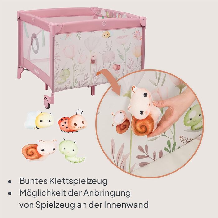 Дитячий манеж та дорожнє ліжечко LIONELO Mille Plus 2-в-1 100x100 см з матрацом та 3D-чохлом для немовлят, вагою до 15 кг (0-36 місяців), бічний вхід на блискавці, 2 колеса з гальмами, складний, сумка для перенесення рожевого кольору