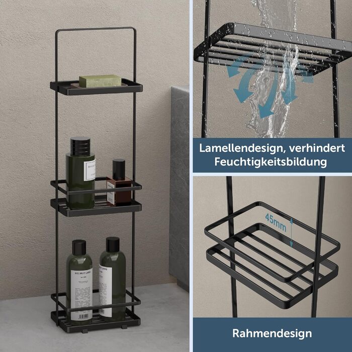 Душова полиця doporro без свердління, 3-рівнева окремостояча полиця для ванної кімнати, тонка металева полиця для душу, сучасний дизайн для ванної кімнати та туалету, чорна