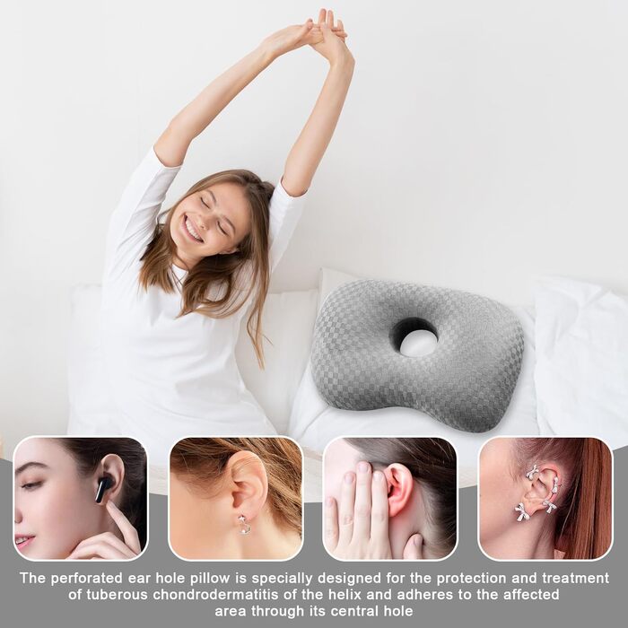 Подушки для пірсингу вушних отворів, подушка для пірсингу з отвором, подушка для пірсингу, подушка для вушного отвору, подушка для вух для сну, подушка для шиї для тих, хто спить на боці, для полегшення болю у вухах (сіра)