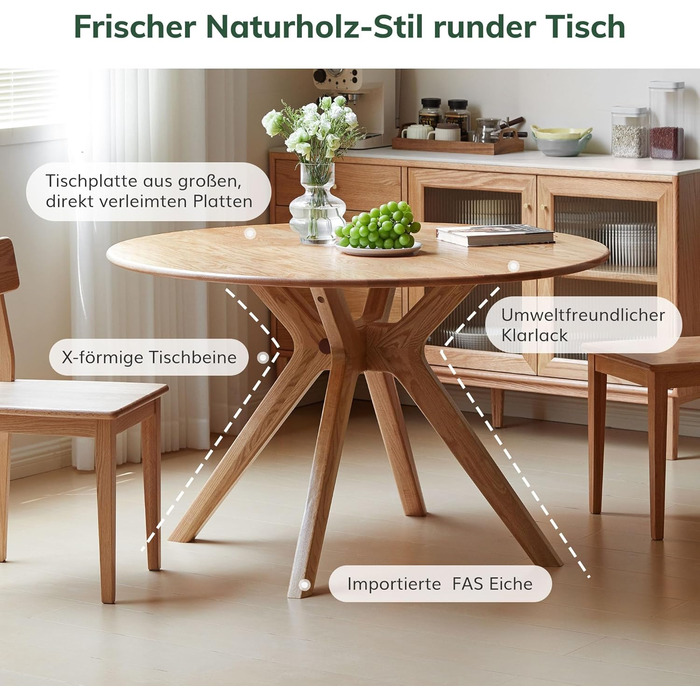 Обідній стіл з масиву дуба, круглий стіл 120 см, без шпону, сучасний кухонний стіл, круглий обідній стіл, міцний, обідні столи для 4-6 осіб, 120x120x74,8 см, натуральний колір