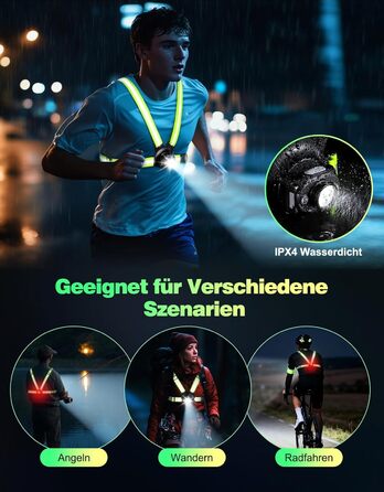 Біговий ліхтар для бігу, нагрудний ліхтар альтернатива налобному ліхтарю, 500 люмен, нахил 45, 2 кольори світла, заряджання через USB-C, IPX4, подвійний ремінець із відбивачами на 360 для кемпінгу, активного відпочинку на свіжому повітрі, їзди на велосипе