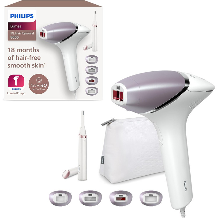 Пристрій для видалення волосся Philips Lumea IPL серії 8000 - Пристрій для видалення волосся з технологією SenseIQ, 4 насадками та тримером Satin Compact Correction (модель BRI949/00)