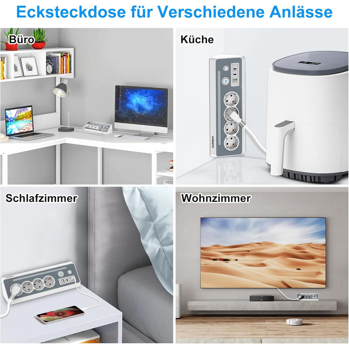 Розетка з USB і 2 Type-C, кутова розетка на 4 відділення, кутова розетка зі світлодіодним підсвічуванням, захист від перенапруги 3