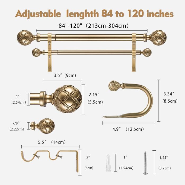 Набір карнизів Ycolnaefllr, 2,5 см -Карниз для штор 2 довжини, регулюється від 213 см до 304 см Карниз золотий 213 см-304 см тепле золото