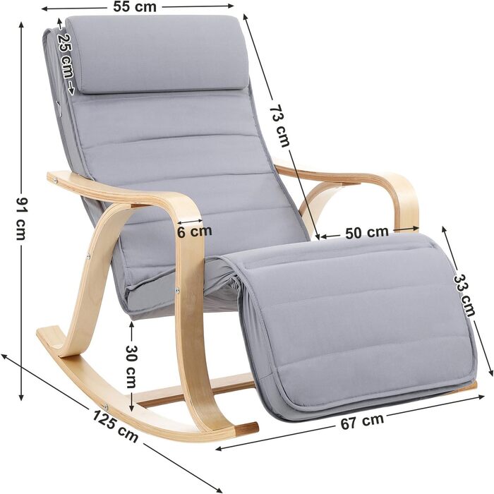 Крісло-гойдалка SONGMICS Birchwood, крісло-гойдалка, регульована підставка для ніг у 5 положеннях, бавовняний чохол, вантажопідйомність до 150 кг, вітальня, спальня, світло-сірий LYY41G, 67 x 125 x 91 см
