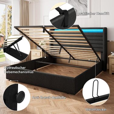 Ліжко FEONASE 140x200 з місцем для зберігання, М&39яке ліжко 140x200 см зі світлодіодним освітленням та зарядною станцією, Каркас ліжка з гідравлічним та лляним узголів&39ям, місцем для зберігання, Рейкова основа, Матрац не входить до комплекту, Темно-сір