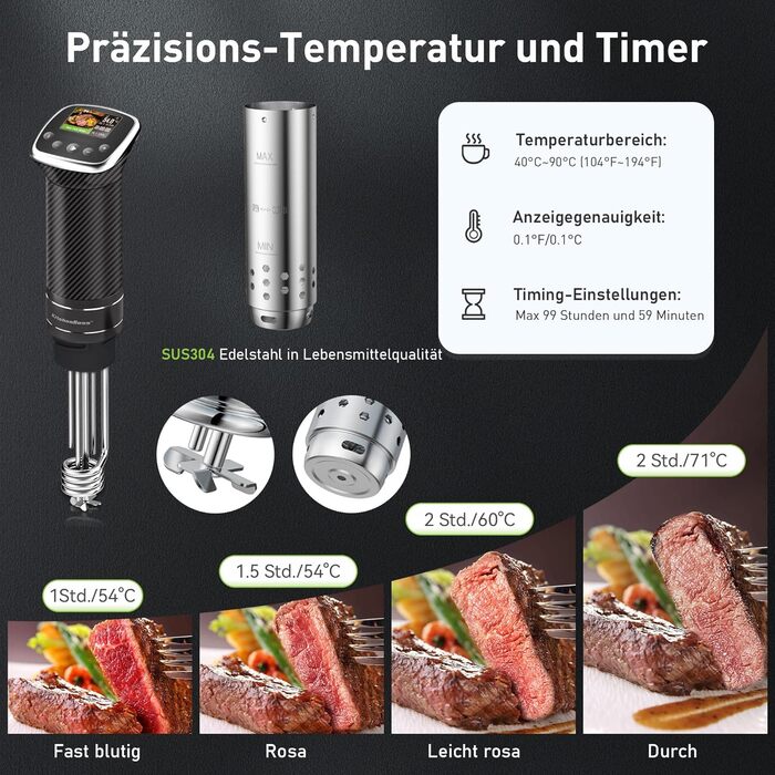 Кухонна плита Sous Vide WiFi Precision Cooker App Control Sous Vide Rod 1100 Вт Циркуляція 40C-90C Діапазон температур IPX7 Водонепроникний РК-сенсорний дисплей Ультратихий занурювальний циркуляційний насос Вуглецеве волокно Чорний