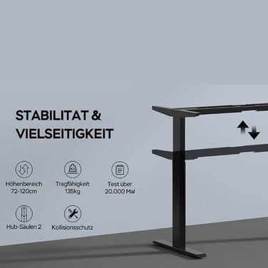 Електричне регулювання висоти каркаса столу з 2 двигунами, вантажопідйомність до 135 кг - Стабільний, 4 слоти пам&39яті, нагадування про сидячу/встанучу позицію, чорний