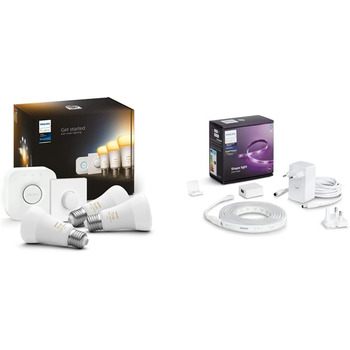 Стартовий набір Philips Hue White Ambiance E27 з 3 частин, включаючи розумну кнопку 3x800 лм і білий і Col. Amb. Lightstrip Plus 2m Base, 1600 лм, 16 мільйонів кольорів, керується через додаток, сумісний з Storeo Alexa Bundle з Lightstrip Plus 2m