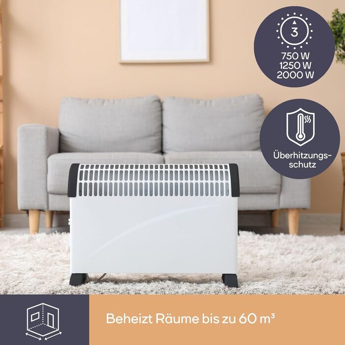 Конвекторний обігрівач Perel 2000 Вт, електричний конвектор, вентилятор-обігрівач з 3 режимами нагріву, турбовентилятор, термостат, IP20, захист від перегріву, портативний для приміщень об&39ємом до 60 м 2000 Вт / 60 м турбо білий