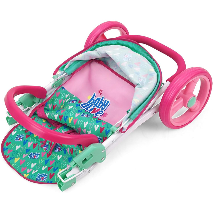 Лялькова коляска для бігу, зелена, рожева, сердечка, аксесуари для ляльок до 61 см, складна конструкція, висувний балдахін, для зб