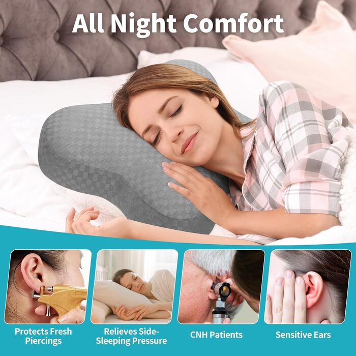 Подушка для пірсингу pozico з отвором подушка для вух для сну на боці подушка-пончик, що знімає тиск, від болю в вухах, пірсингу та хірургічних втручань чохол, який можна прати, регульований наповнювач 49x38x8 см сірого кольору