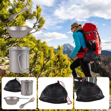 Портативний кемпінговий посуд Doorslay, титанова чашка, чаша Spork, набір із 3 предметів, набір для кави на відкритому повітрі, набір для пікніка, складний для кемпінгу, походів