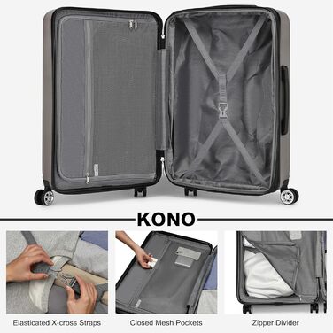 Валіза KONO, ручна поклажа, легка тверда оболонка, з замком TSA та подвійними обертовими колесами для подорожей та бізнесу, 55x35x22 см, сіро-сіра M (55 x 35 x 22 см)
