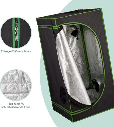 Розплідник для рослин Relaxdays Growzelt, 120x60x60 см, з відбиваючою внутрішньою плівкою, світлонепроникний, для вирощування в приміщенні, чорний/зелений