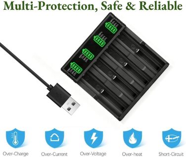Зарядний пристрій для акумуляторів 18650 з 4 комплектами нікель-металгідридних акумуляторів 3,7 В ємністю 2200 мАг, 4-етапний інтелектуальний зарядний пристрій із РК-дисплеєм для швидкої зарядки літій-іонних акумуляторів 10440, 14500, 16340, 18650 та 2665