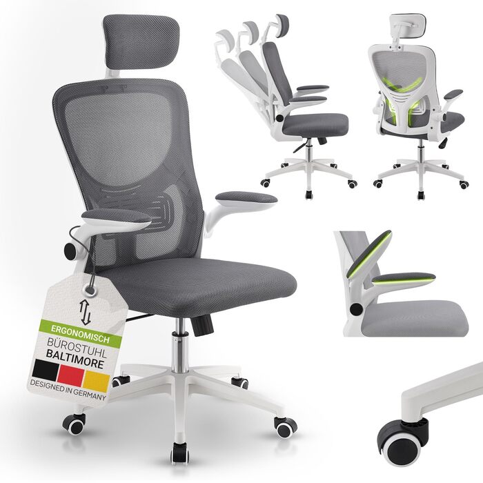 Офісний стілець Juskys Baltimore з колесами та підлокітниками - ергономічний стілець з регульованою висотою - стілець для домашнього офісу - обертовий стілець - сірий