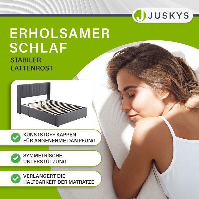 Ліжко Juskys Savona з м&39якою поверхнею 120x200 см, ліжко з місцем для зберігання, рейкова основа, оксамитовий чохол, дерев&39яний каркас ліжка, до 250 кг, велике узголів&39я, темно-сірий колір 120 x 200 см