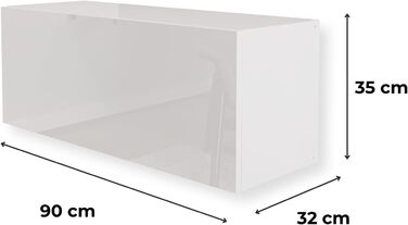 Настінна шафа, глянцевий білий, 90 x 35 x 32 см (Ш x В x Г), настінна шафа для вітальні, навісна настінна шафа, настінна полиця, шафа для документів, верхня шафа, відкривається натисканням, шафа для вітальні, біла, горизонтальна шафа, 90 x 35 x 32 см
