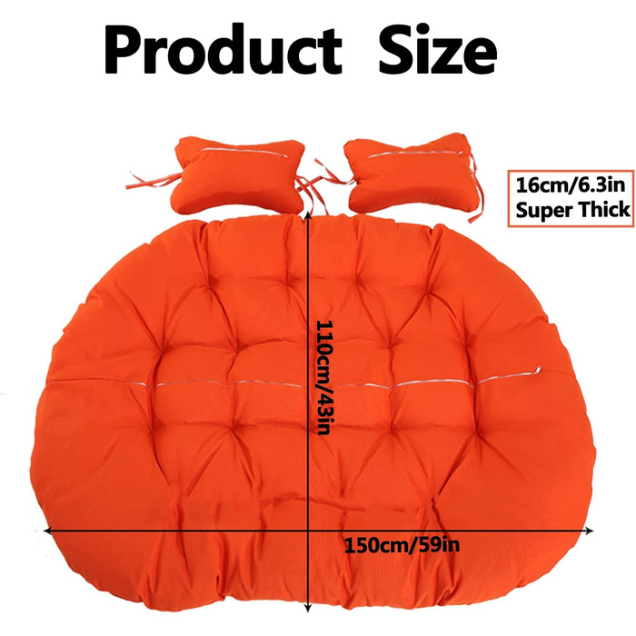 Яйцеподібна подушка для подвійного підвісного шезлонга-гойдалки, м&39яка, глибока подушка, подушка для двомісного крісла-гойдалки для використання на вулиці з ремінцями, повністю наповнена, не згинається (кавовий колір)