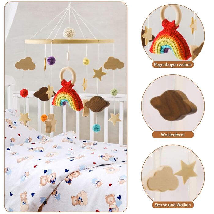 Мобіль на ліжечко Trayosin «Веселка 1» з дерев'яними та в'язаними елементами