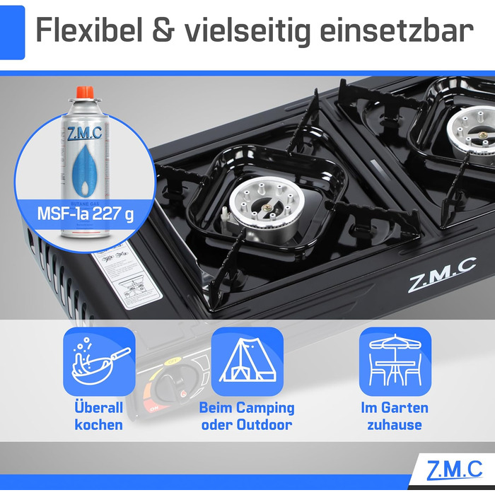 Газова плита для кемпінгу ZMC PREMIUM, 2 конфорки гриль-пластина 45x24 см 16 газових картриджів (227 г), кемпінгова плита із запобіжником запалювання для використання на вулиці та в приміщенні, настільна подвійна газова плита з п&39єзорозпалом для балкону