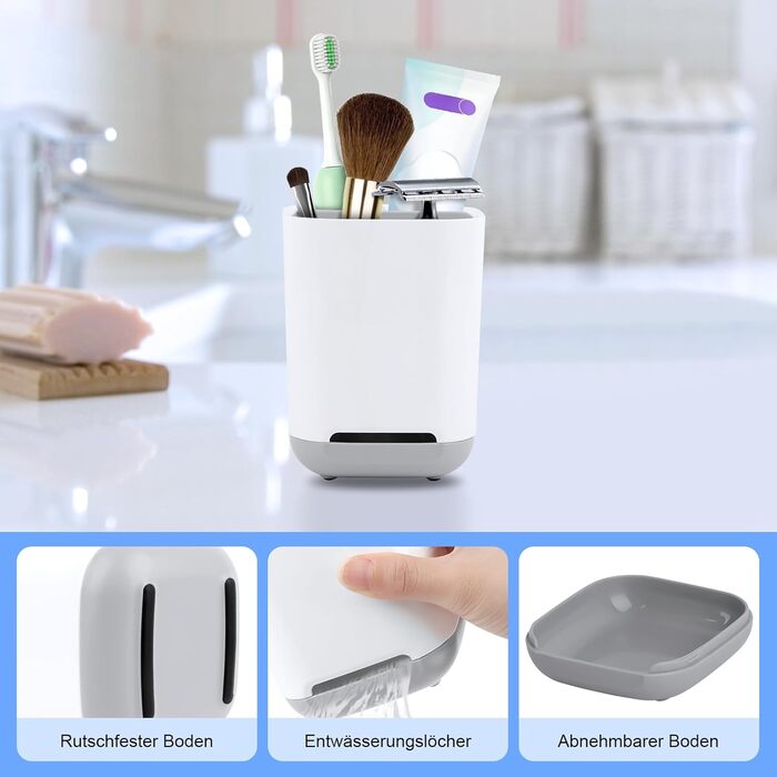 Тримач для зубних щіток, чашка для зубних щіток, знімний пластиковий тримач для зубних щіток, тримач для зубних щіток, тримач для електричних зубних щіток для ванної кімнати зі зливним отвором, 2 відділення для зубних щіток 1 слот для зберігання