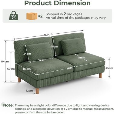 Місний диван Vesgantti Cord без підлокітників, 166 см. Сучасний тримісний диван з подушками, комбінований диван, ідеально підходить для вітальні, спальні, офісу, збирається без інструментів, 166 * 88 * 84 см. Зелений 3-місний диван., 3-