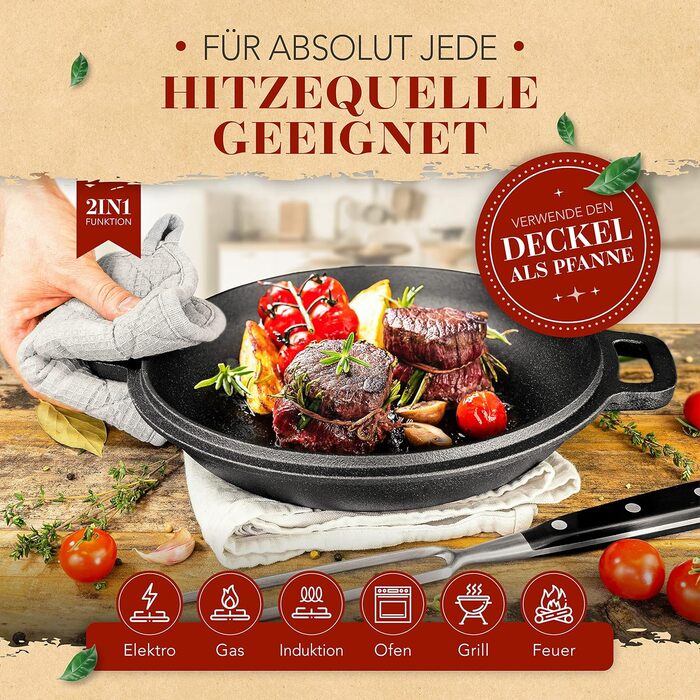 Чавунний горщик KRUSTENZAUBER включаючи виделку для м'яса - Міцна чавунна каструля 26 см з кришкою, підходить для духовки - ідеаль