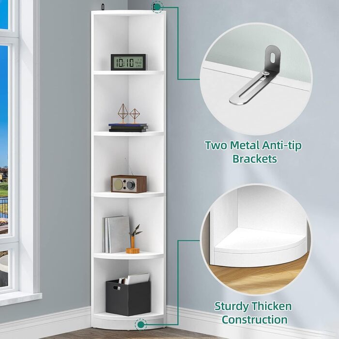 Біла 5-ярусна кутова книжкова полиця 30x30x180 см, Дерев&39яні книжкові полиці, Відкрите місце для зберігання, Книжкові полиці для вітальні, домашнього офісу, Окремостояча кутова полиця Біла* 30Г x 30Ш x 180В см