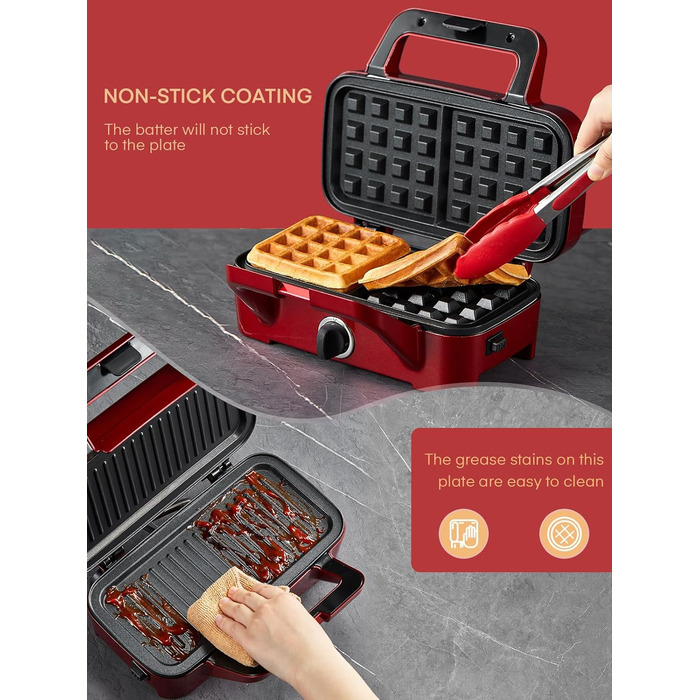 Бутербродниця 3 в 1, вафельниця 1200 Вт/контактний гриль/тостер для сендвічів, 5-швидкісний контроль температури, набори пластин Coater з антипригарним покриттям, термоізольована ручка, можна мити в посудомийній машині, світлодіодні лампи, червоний