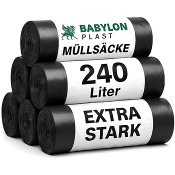 Міцні сміттєві мішки Babylonplast 240 л (40 шт. у упаковці) Міцні сміттєві мішки Міцні сміттєві мішки, стійкі до розривів 100125 см Вантажопідйомність 100 кг Мішки для відходів та будівельних відходів 70 мкм/Тип 100 (чорні) 40 мішків / 240 л