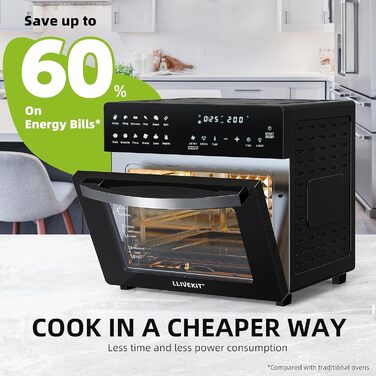 Міні-духовка для фритюрниці LLIVEKIT 26 л, фритюрниця XXL потужністю 1700 Вт з 12 програмами та книгою рецептів, конвекційна піч із цифровим світлодіодним дисплеєм, фритюрниця з попереднім нагріванням, підтримання тепла та розігрівання 26 л чорний