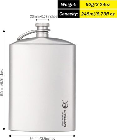 Титанова фляга SILVERANT, 248 мл, надлегка, портативна, герметична, з гвинтовою кришкою, шнурком, тканинним чохлом і лійкою для за