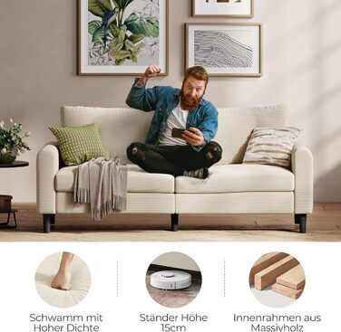 Місний диван LINSY HOME, ширина 201 см, диван з регульованою глибиною сидіння, невеликий диван-кутник для вітальні, спальні, квартири, офісу, бежевий, сучасний, 3-