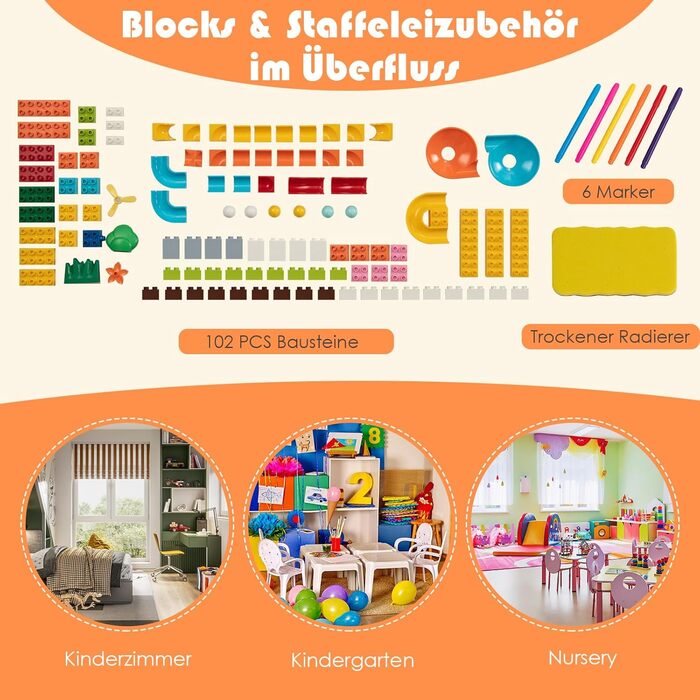 Дитячий столик GOPLUS 6 в 1 зі стільцем, складний дитячий мольберт з двосторонньою стільницею, 102 будівельними блоками та 4 знімними кошиками, ігровий столик для дітей 3-8 років