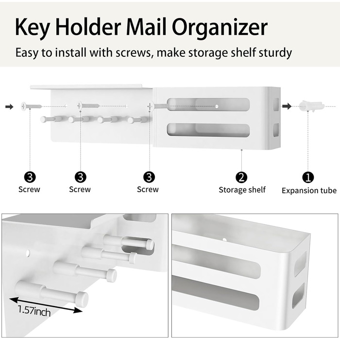 Ключниця з полицею, металева ключниця настінна з 5 гачками для ключів біла настінний органайзер для пошти ключниця для зберігання