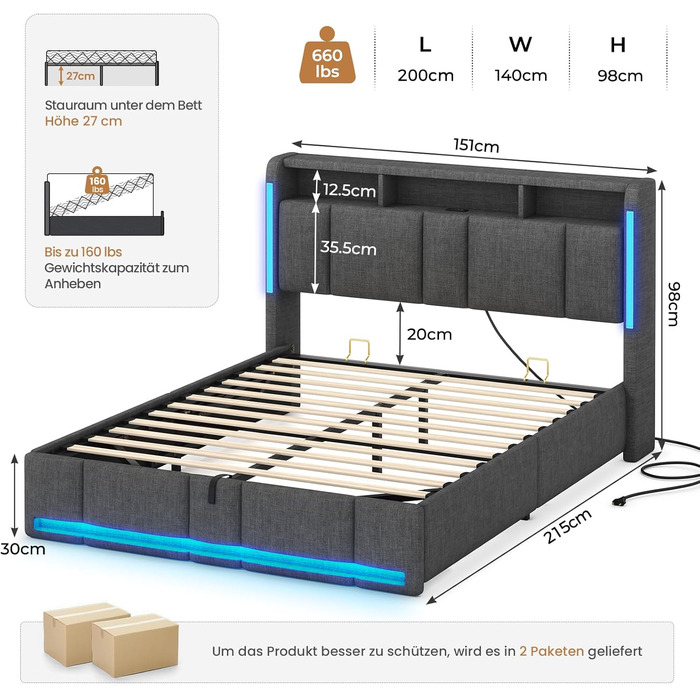 М&39яке двоспальне ліжко 140x200 з ящиком для зберігання, гідравлічне ліжко з місцем для зберігання зі світлодіодним освітленням та розетками, ліжко 140x200 см з узголів&39ям для зберігання, рейковий каркас, льон, темно-сірий (без матраца) 140 x 200 см те